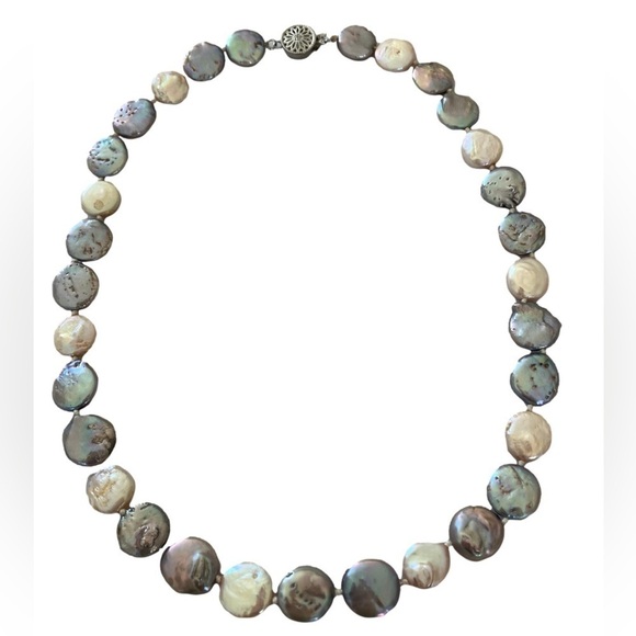 Jewelry - Coin Pearl Necklace Freshwater Gray Cream Lustre Button Pearls